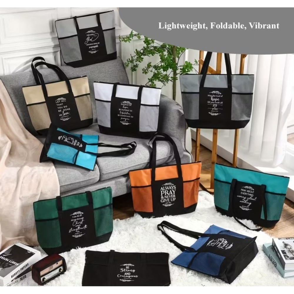 Chrisitan Tote Beach Bag x2 Scripture Bible Shopping Zip Aqua Green Gray Gift - Picture 11 of 11